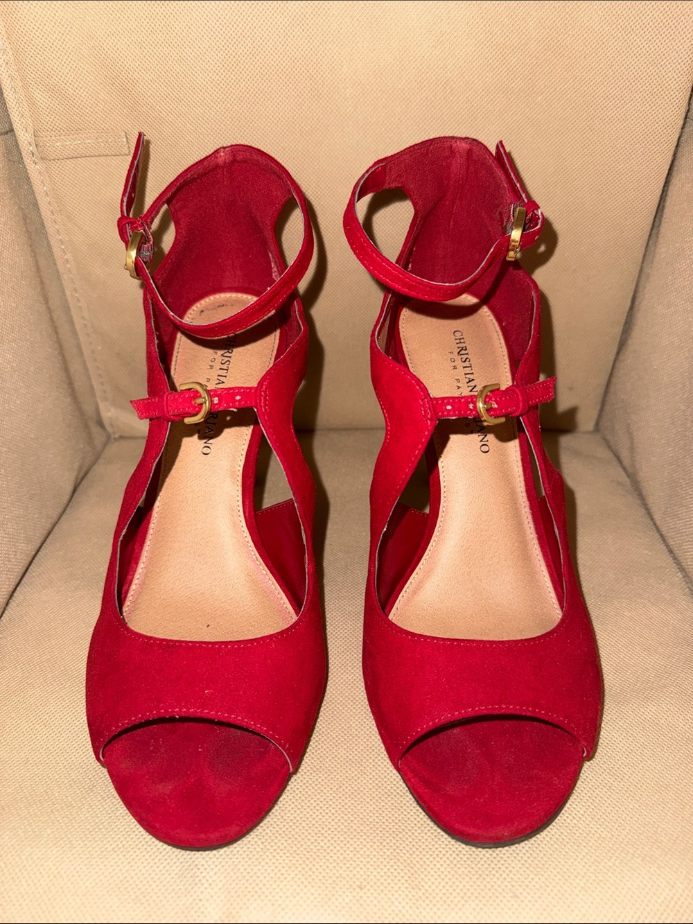 Christian Siriano Red Suede Open-Toe Ankle-Strap Heels